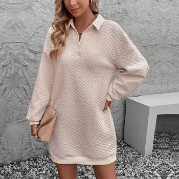 Женские элегантные свободные платья с длинным рукавом, осеннее модное повседневное платье с сплошным лацканом, женское элегантное винтажное простое офисное женское платье 24750 S абрикосовый