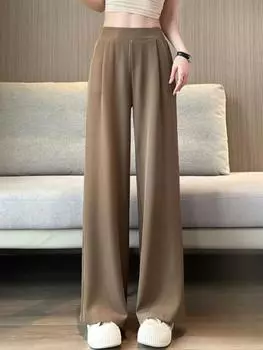 Женские элегантные свободные прямые брюки для костюма, весна, Y2k, повседневные эластичные брюки с высокой талией и широкими штанинами, шикарные уличные однотонные брюки S чёрный