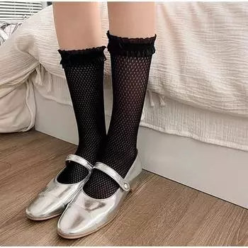 Женские элегантные свободные сетчатые носки выше голени с эстетичными точками и прозрачным кружевом средней длины