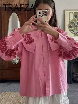 Женские элегантные топы с розовым принтом и воротником-куклой, с длинным рукавом, однобортные, декоративные топы, женские новые рубашки Mujer S розовый