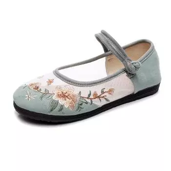 Женские элегантные туфли из хлопка и льна на плоской подошве, дышащие женские туфли с круглой пряжкой, модные и повседневные туфли в этническом стиле с вышивкой 35 зелёный