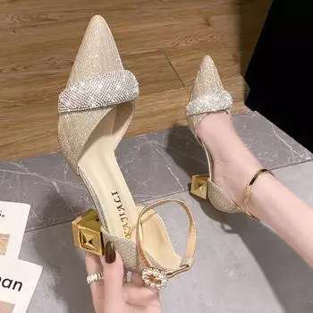 Женские элегантные туфли-лодочки на высоком каблуке с блестящими кристаллами и жемчужной пряжкой, туфли на квадратном каблуке для свадебной вечеринки, женские туфли-лодочки с острым носком и ремешком на щиколотке 40 чёрный