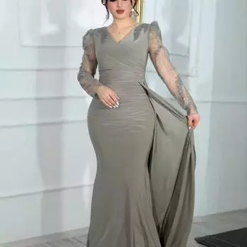 Женские элегантные V-образные вырезы с длинными рукавами, сетка, блестки, подружки невесты, свадебные длинные платья, великолепные вечерние макси-бальные платья S серый