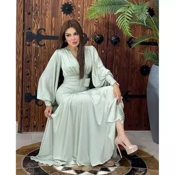 Женские элегантные V-образные вырезы с длинными рукавами и складками для подружек невесты, свадебные длинные платья, великолепные вечерние макси-бальные платья S светло-зеленый