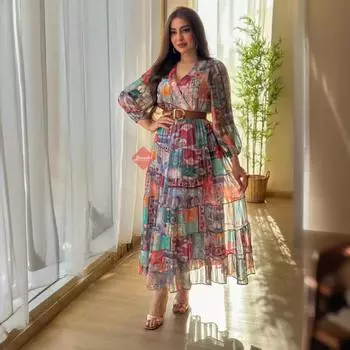 Женские элегантные V-образные вырезы с длинными рукавами и принтом из шифона, свадебные длинные платья для подружек невесты, великолепные вечерние бальные платья миди S