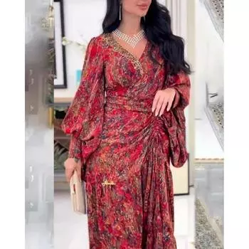 Женские элегантные V-образные вырезы с длинными рукавами и цветочным принтом для подружек невесты, свадебные длинные платья, великолепные вечерние макси-бальные платья L коричневый