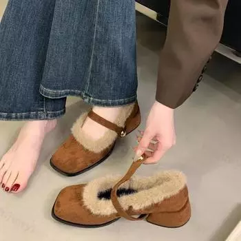 Женские элегантные весенне-осенние меховые женские туфли с леопардовым принтом на толстом каблуке теплые плюшевые туфли-лодочки на низком каблуке 35 коричневый