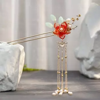 Женские элегантные жемчужные китайские цинковые сплавы, цветочные свадебные украшения для волос, ханьфу, головные уборы, палочки для волос, заколки оранжевый