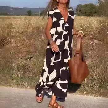 Женские элегантные женские платья в стиле V-образный вырез со свободной талией, длинные летние модные новые принтованные платья S чёрный