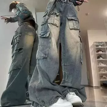 Женские американские хип-хоп персонализированные ретро потертые рабочие джинсы свободные прямые широкие повседневные брюки в стиле ретро XXXL