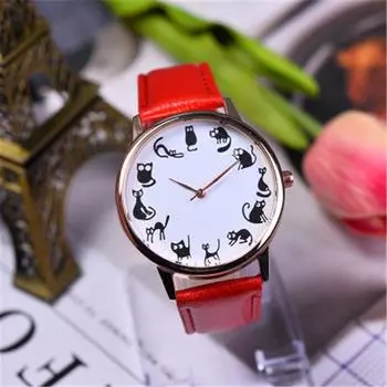 Женские аналоговые кварцевые модные наручные часы с кожаным ремешком и милым мультяшным котом