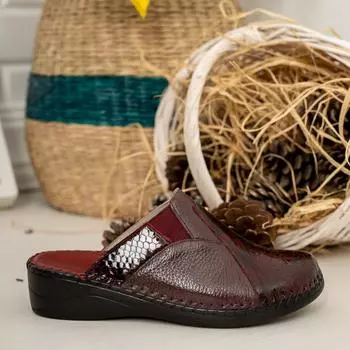 Женские анатомические кожаные тапочки Sabo из натуральной кожи бордового красного цвета