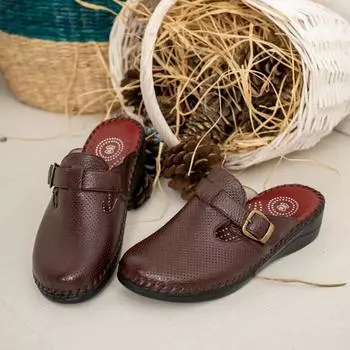 Женские анатомические кожаные тапочки Sabo из натуральной кожи бордового красного цвета