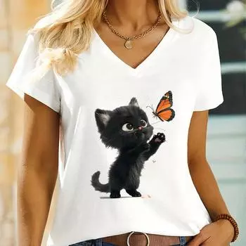 Женские аниме-футболки с принтом «Черная кошка, бабочка», мультяшные футболки с 3D-принтом и принтом котенка, топы с V-образным вырезом Y2K, футболки, футболка с коротким рукавом Causl S чёрный