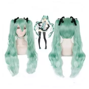 Женские аниме Vocaloid Miku, натуральные длинные объемные волны, зеленые двойные хвостики, синтетические парики для косплея для женщин, костюм на Хэллоуин, вечерние One Size светло-зеленый
