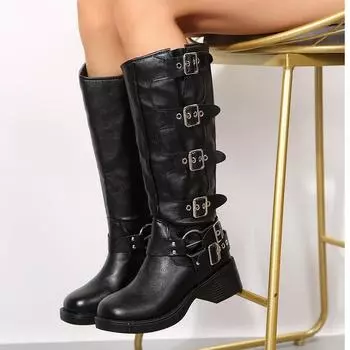Женские армейские ботинки на платформе, винтажная мода, повседневная обувь класса люкс для женщин, дизайнерские ботинки в стиле вестерн до середины голени, женские ботинки 35 чёрный