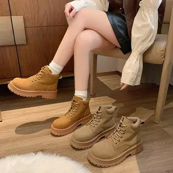 Женские армейские ботинки на шнуровке, короткие ботинки на толстой платформе с выступающей подошвой, осенне-зимние ботинки по щиколотку для женщин, нескользящие походные ботинки из искусственной кожи 35 верблюд