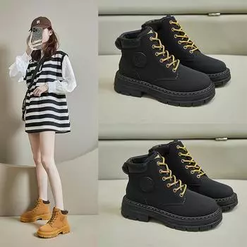 Женские армейские ботинки на шнуровке, зимние ботинки на толстой платформе с выступом, теплые ботильоны с меховой подкладкой для женщин, нескользящие походные ботинки из искусственной кожи 35 чёрный