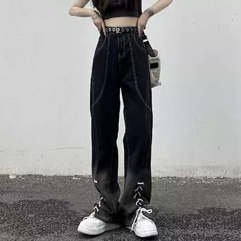 Женские эстетичные женские широкие джинсы с высокой талией на шнуровке, мешковатые женские джинсовые капри, прямые брюки, джинсовые брюки для мамы S чёрный