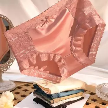 Женские атласные бесшовные трусы со средней талией, кружевные трусики с бантом, милое нижнее белье M чёрный