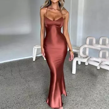Женские атласные длинные платья с открытой спиной и бретельками на талии S коричневый