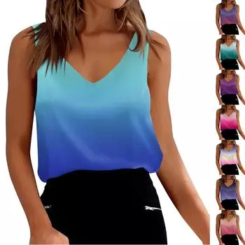 Женские атласные майки с V-образным вырезом, повседневные майки без рукавов, летние базовые майки с градиентом L синий