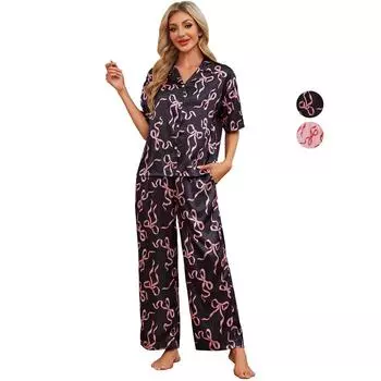 Женские атласные пижамы, спальные костюмы, принтованные рубашки с короткими рукавами и длинными брюками, комплект из 2 предметов, имитация шелка, одежда для сна и отдыха S чёрный