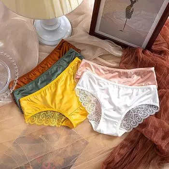 Женские атласные трусики со средней талией и бантом, однотонные кружевные трусы на тонких бретельках, бесшовные M белый