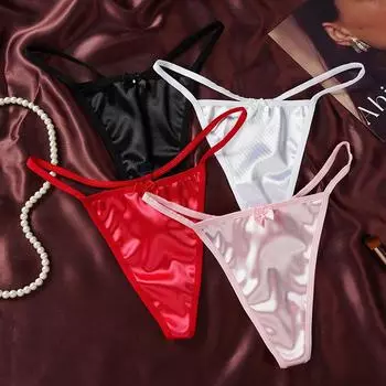 Женские атласные трусики-стринги с Т-образной спинкой, нижнее белье, женское короткое сексуальное женское белье, брюки, женское сексуальное нижнее белье M белый