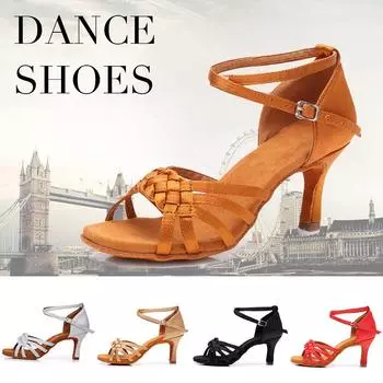 Женские атласные туфли для латинского танго, мягкие танцевальные туфли на высоком каблуке 7 см 34 чёрный