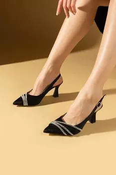 Женские атласные туфли на каблуке с 3 полосками и пряжкой из камня 001-321-24Сатин