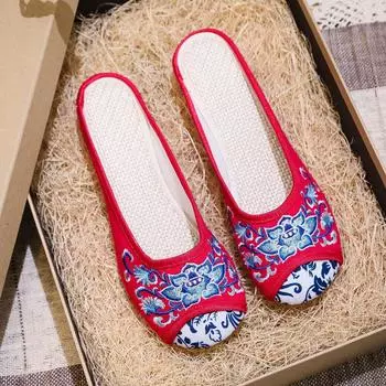 Женские этнические сине-белые фарфоровые тапочки с вышивкой из ткани с круглым носком и мягкой плоской подошвой из коровьей кожи 35