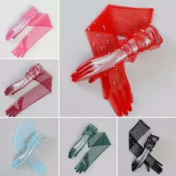 Женские аксессуары для вечеринок, ультратонкие тюлевые перчатки, кружевные прозрачные перчатки для фотографий на полный палец белый