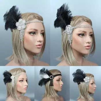 Женские аксессуары для волос, повязка на голову с перьями, стразы, вечерние головные уборы из бисера, винтажный головной убор 1920-х годов, Гэтсби