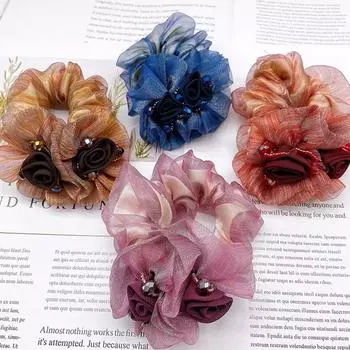 Женские аксессуары для волос с цветком розы, резинка для волос из шелковой пряжи в корейском стиле шампанского