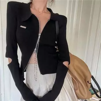 Женские ажурные футболки, дизайнерские вязаные топы, футболки Y2K для девочек, футболки на молнии с длинными рукавами, однотонные ткани, модная женская одежда для бара S белый