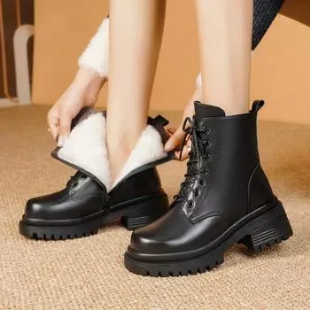 Женские байкерские ботинки из натуральной кожи и натуральной шерсти, зимние ботинки, женские нескользящие ботинки на платформе большого размера для снега 35