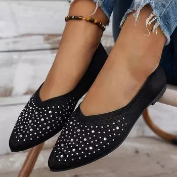 Женские балетки 2025 г., легкие балетки, женские блестящие лоферы с кристаллами, женская обувь для ходьбы на мягкой подошве из флока для женщин 36 чёрный