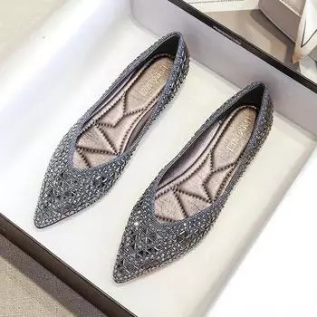 Женские балетки 2025 Новые Стразы Плоские Повседневные Лоферы Женские Большие Размеры 43 Слипоны Мокасины Chaussure Femme 34 серый