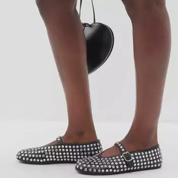 Женские балетки большого размера со стразами и заклепками 2024 года с пряжкой на ремне и круглым носком 42 чёрный