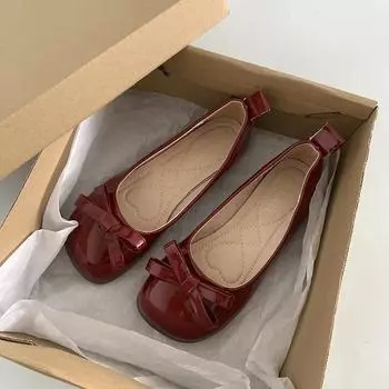 Женские балетки из лакированной кожи с бантом в стиле ретро, осенние туфли без застежек на плоской подошве с круглым носком, женские туфли Мэри Джейн на плоской подошве 35 бежевый