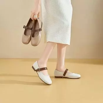 Женские балетки из натуральной кожи с ремешком на щиколотке, туфли Мэри Джейн для женщин 2024 года, повседневные туфли на каждый день 35 бежевый