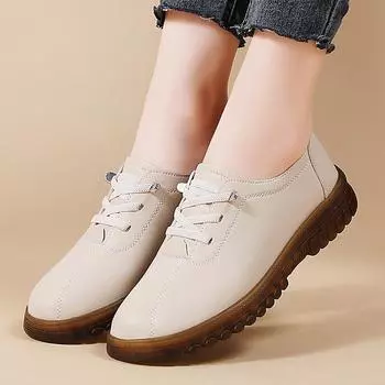 Женские балетки из воловьей кожи с мягкой подошвой: Удобная, универсальная обувь без застежек для весны и осени. 37 хаки