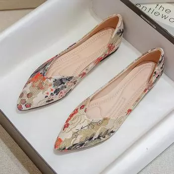 Женские балетки на плоской подошве с цветочным принтом, винтажные повседневные туфли без шнуровки с острым носком 36 чёрный