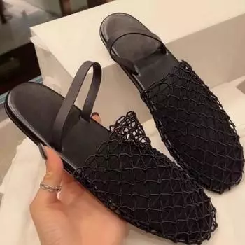 Женские балетки с круглой головкой и сетчатым узором, новые модные летние сандалии на плоской подошве с пряжкой и ремнем 37 чёрный