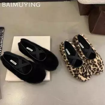 Женские балетки с леопардовым мехом, теплые модные туфли Mary Jene из хлопка, женские 2025 года, трендовые зимние повседневные кроссовки Mujer 35 чёрный