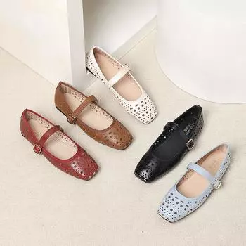 Женские балетки с открытыми носами, дышащие туфли Мэри Джейн с квадратным носком, повседневные удобные летние туфли для ходьбы для женщин 35 чёрный