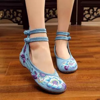 Женские балетки с вышивкой на плоской подошве, парусиновая обувь для женщин, эспадрильи на низкой танкетке, китайская обувь Мэри Джейн