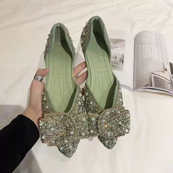 Женские балетки со стразами и бантом, с острым носком, винтажные удобные мокасины с мягкой подошвой 35