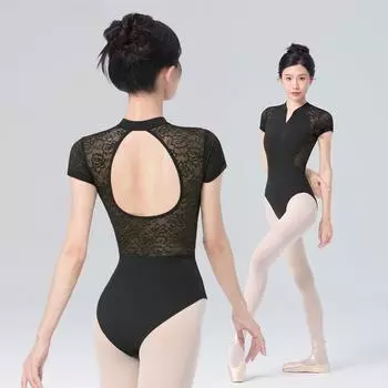Женские балетные купальники с застежкой-молнией спереди, кружевные боди с коротким рукавом для взрослых, балетные танцевальные купальники с мягкой подкладкой, гимнастические купальники S 155cm to 160cm чёрный